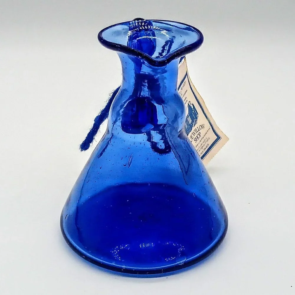 Handblown Blue Willow Shop Blue Glass Pitcher Vase NWT